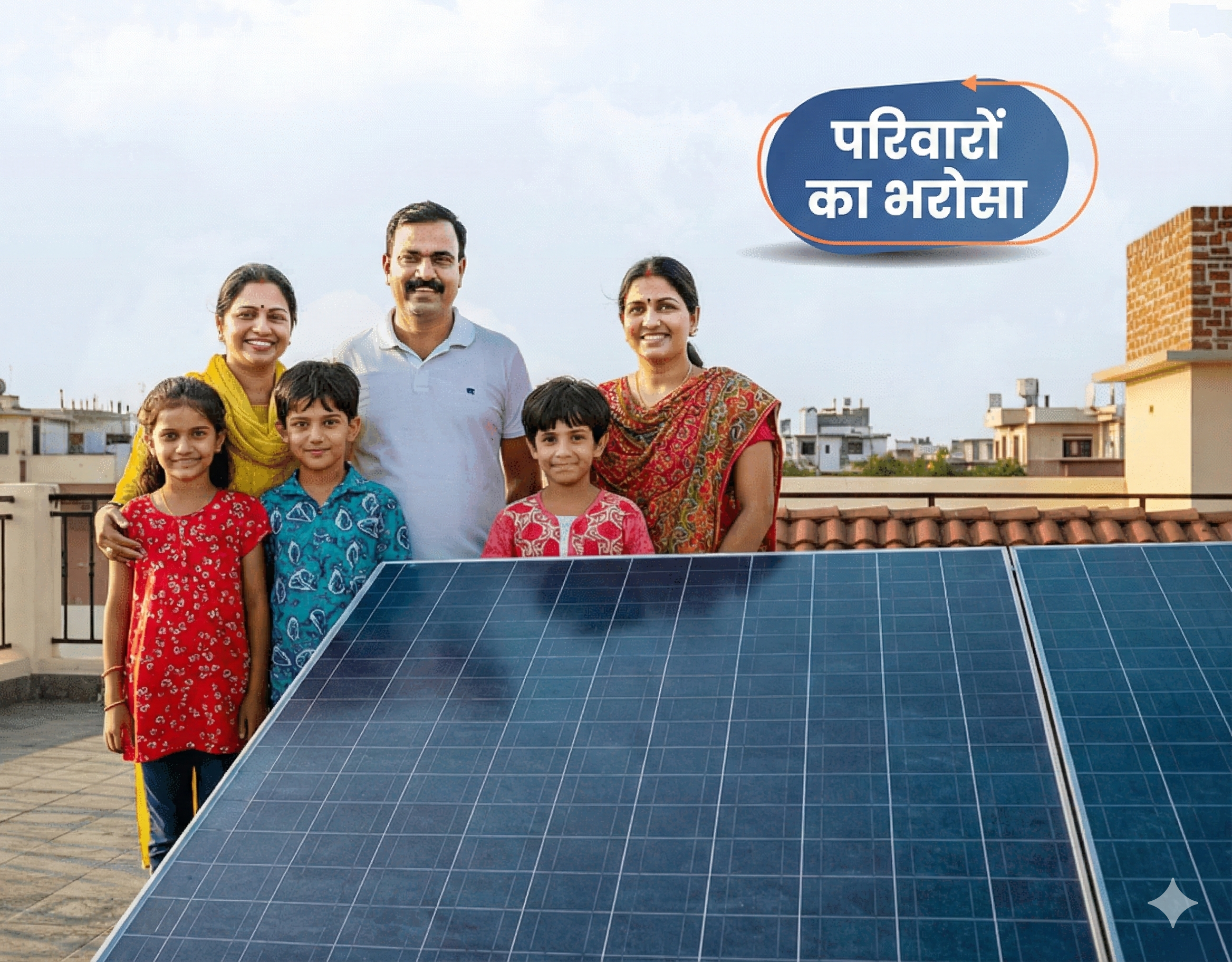 Happy family with solar panels